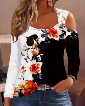 European style U-neck long sleeve printing T-shirt