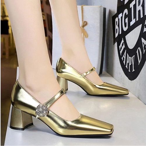 Square head European style low rhinestone buckle shoes