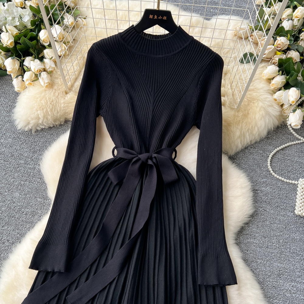 Bandage long sweater dress pinched waist dress for women