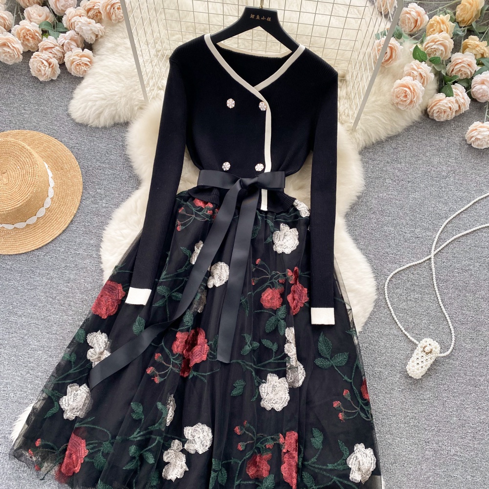 Knitted temperament court style retro dress for women