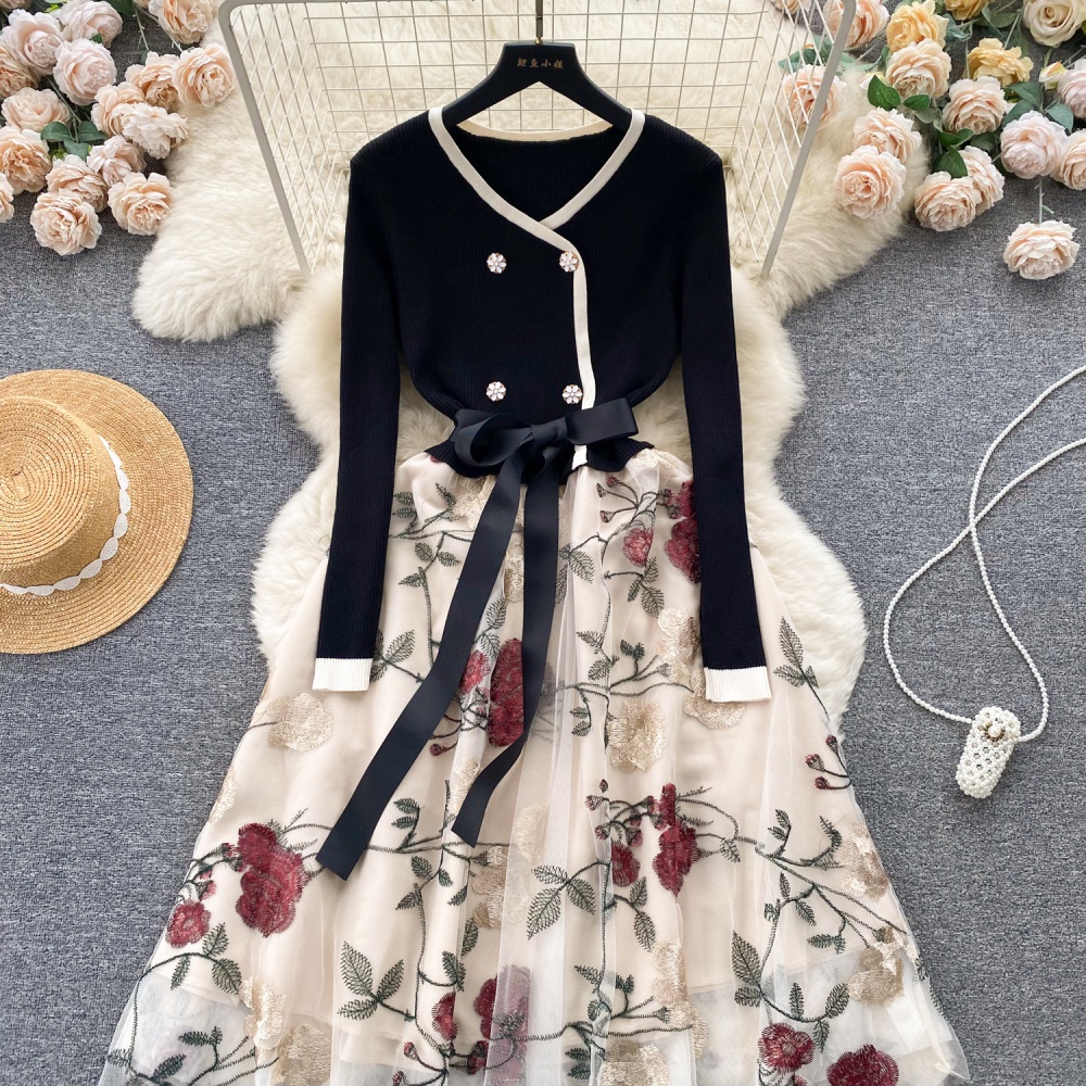 Knitted temperament court style retro dress for women