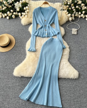 High waist ladies coat slim mermaid skirt a set