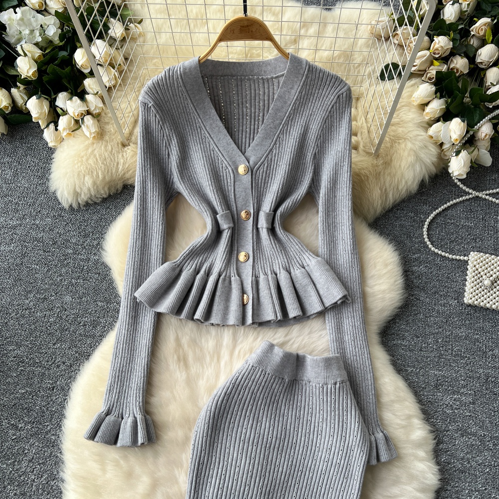 High waist ladies coat slim mermaid skirt a set