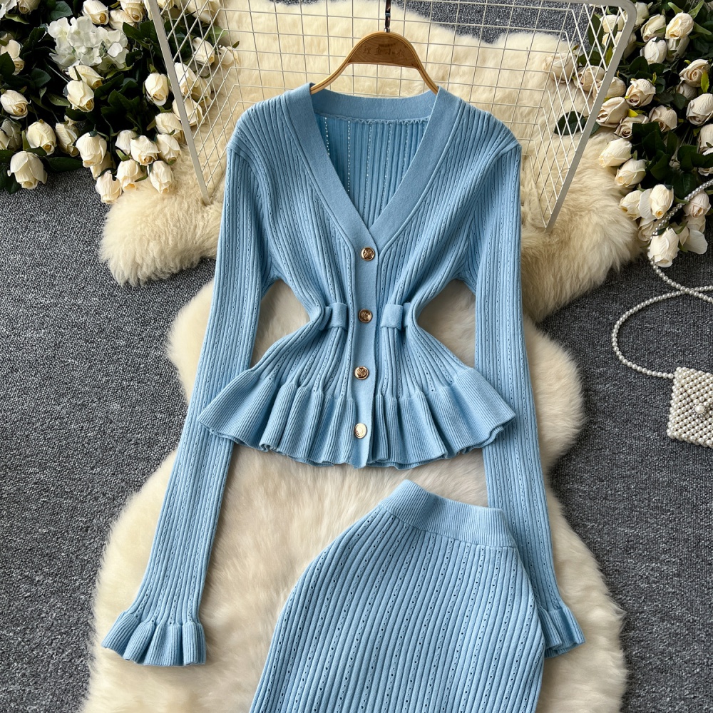 High waist ladies coat slim mermaid skirt a set