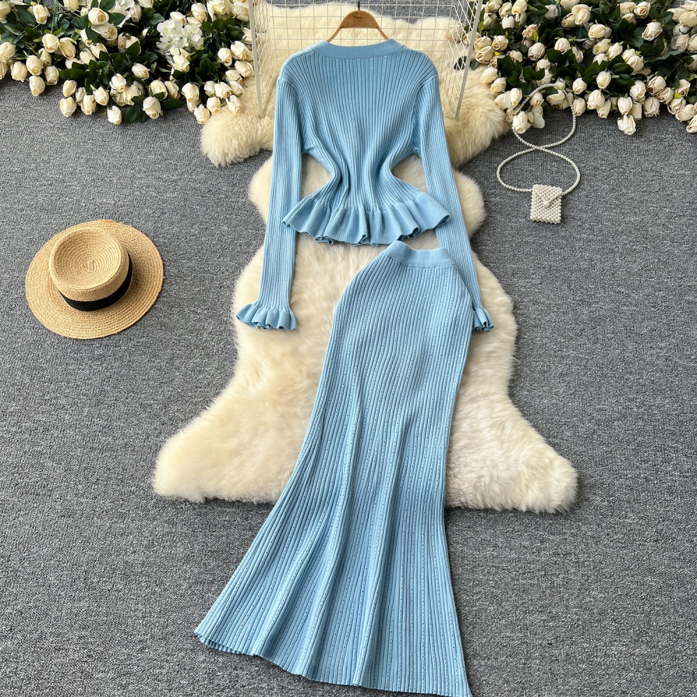 High waist ladies coat slim mermaid skirt a set