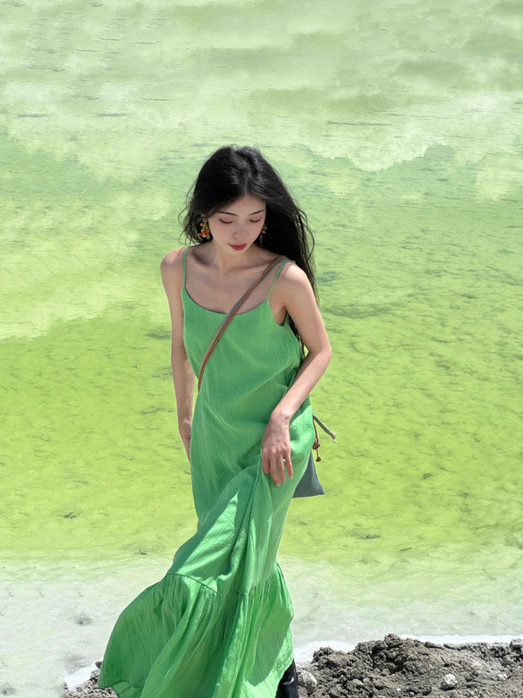 Loose vacation sling green long dress seaside summer slim dress