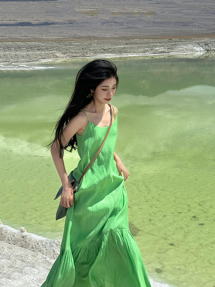 Loose vacation sling green long dress seaside summer slim dress