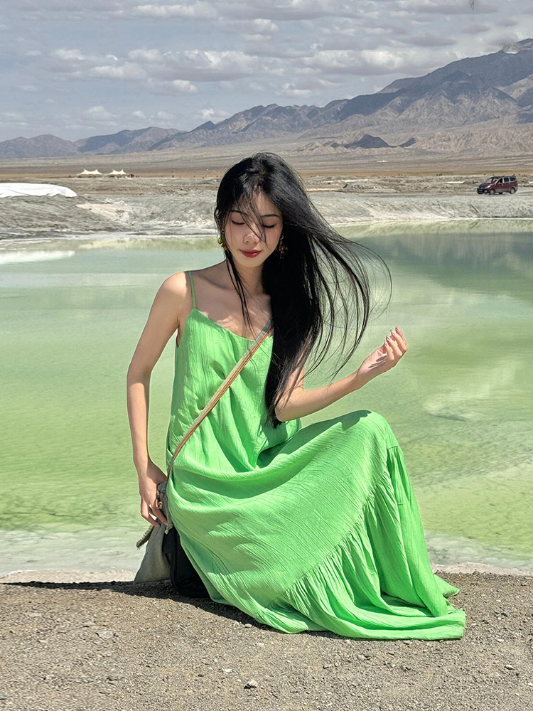 Loose vacation sling green long dress seaside summer slim dress