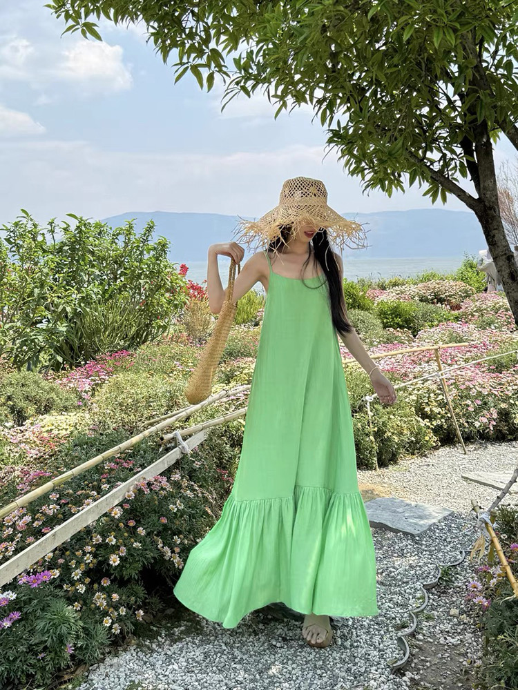 Loose vacation sling green long dress seaside summer slim dress