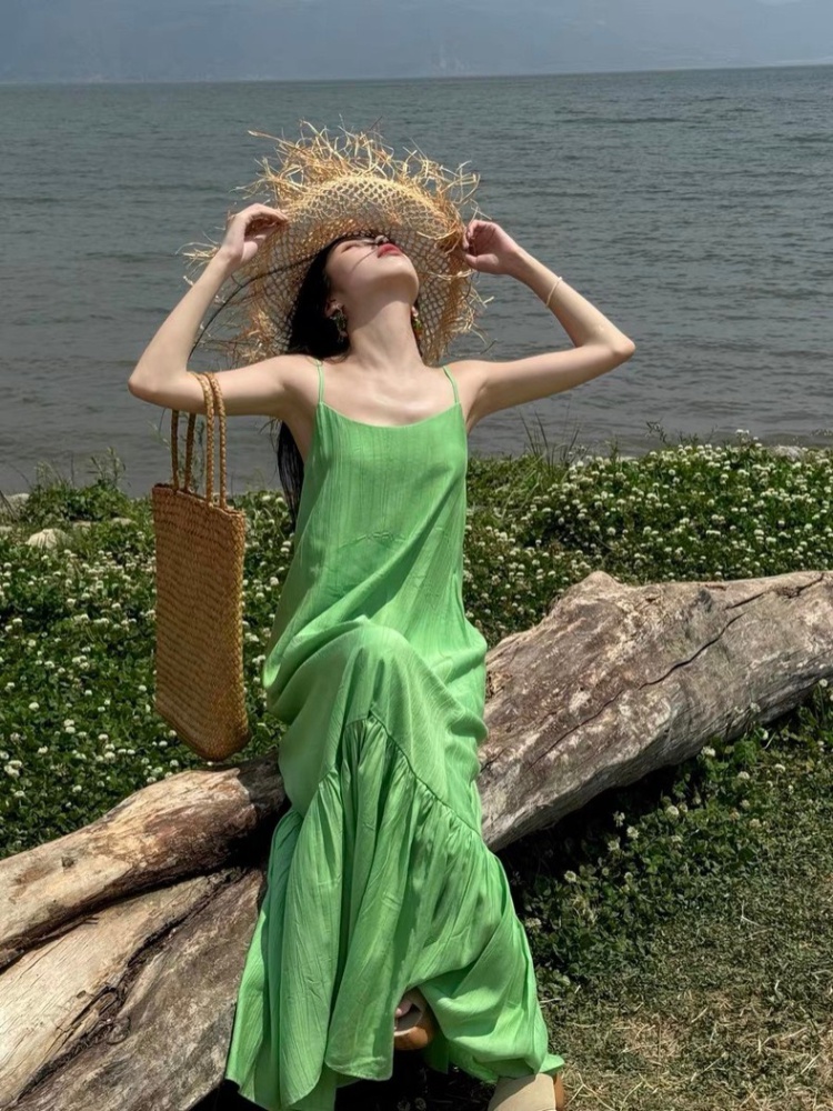 Loose vacation sling green long dress seaside summer slim dress