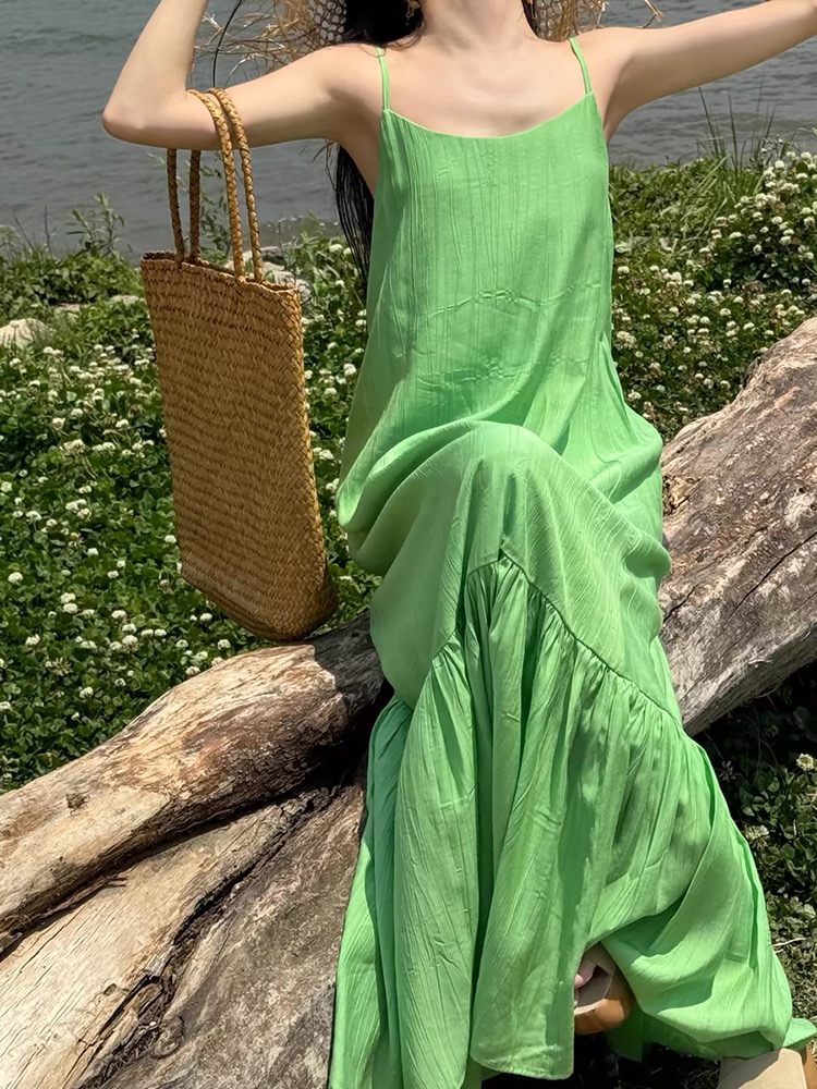 Loose vacation sling green long dress seaside summer slim dress