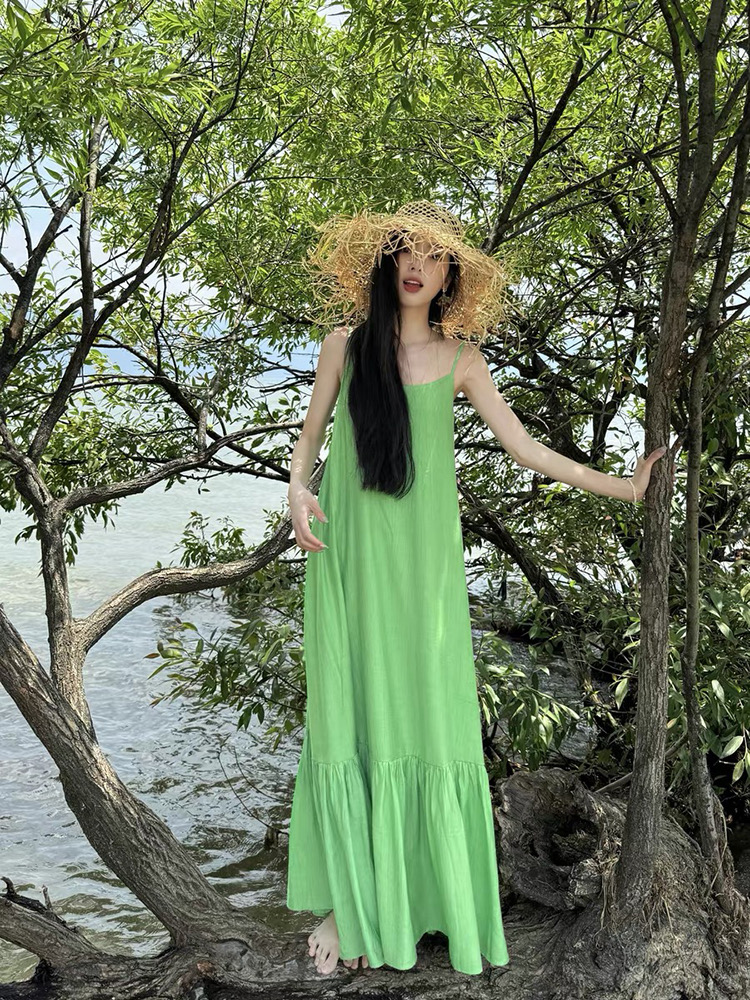 Loose vacation sling green long dress seaside summer slim dress