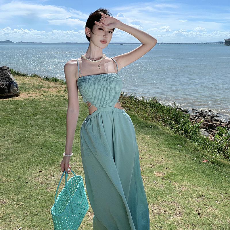 Sling tender long dress vacation crimp dress