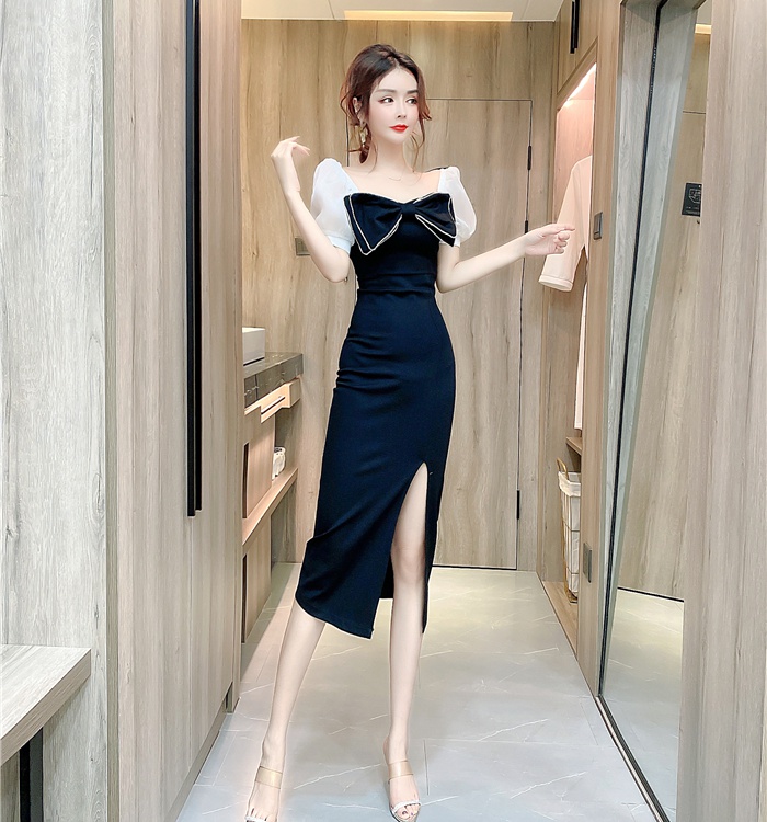 Bow split long dress temperament package hip dress