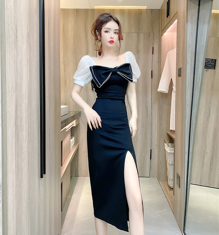 Bow split long dress temperament package hip dress