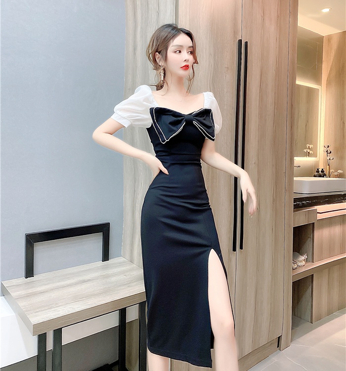 Bow split long dress temperament package hip dress