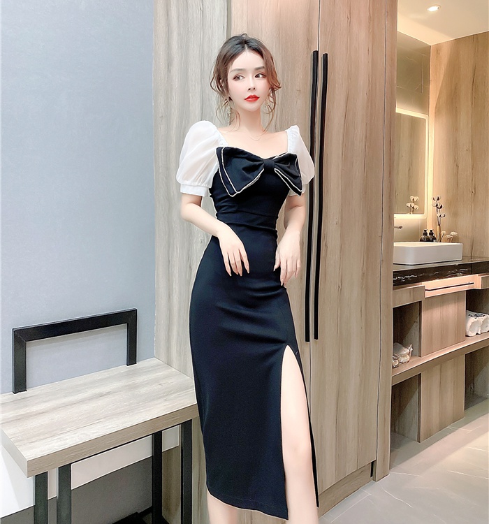 Bow split long dress temperament package hip dress