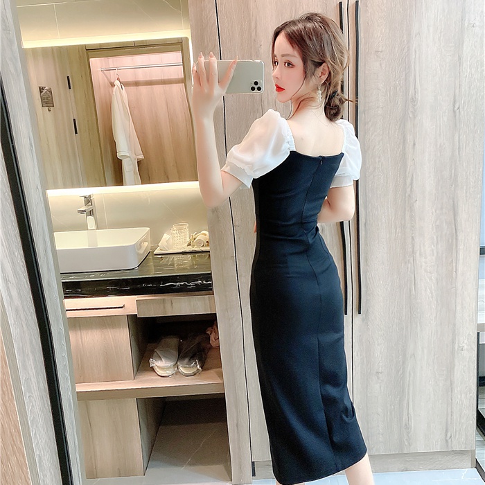 Bow split long dress temperament package hip dress