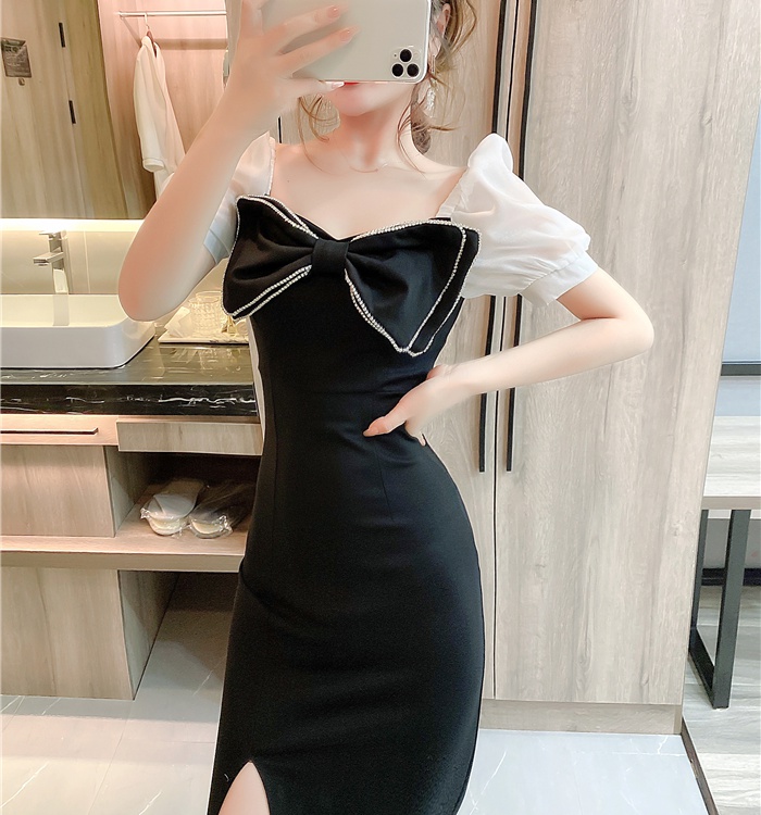 Bow split long dress temperament package hip dress