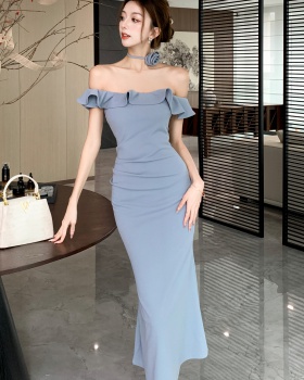 Ladies flowers sexy horizontal collar mermaid strapless dress