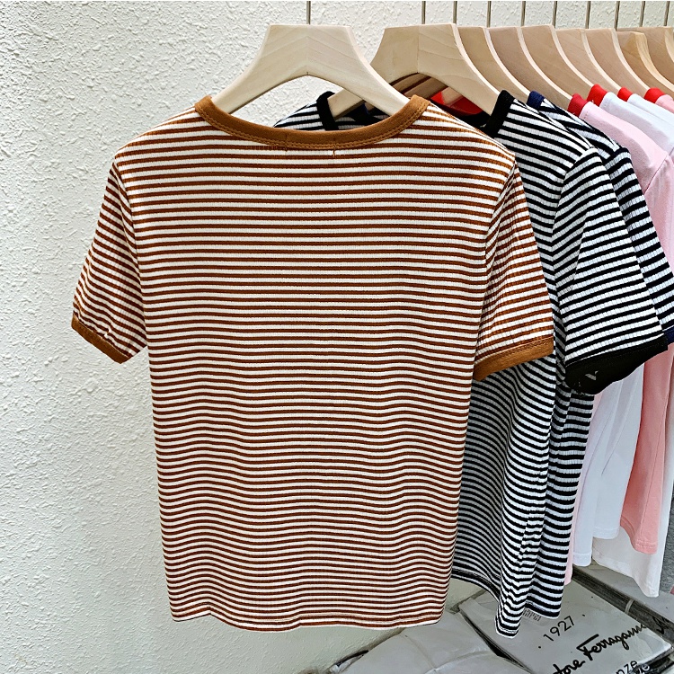 Stripe short sleeve tops Western style T-shirt for women