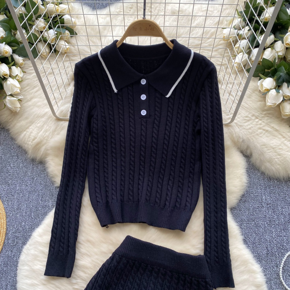 Knitted lapel sweater light luxury skirt a set