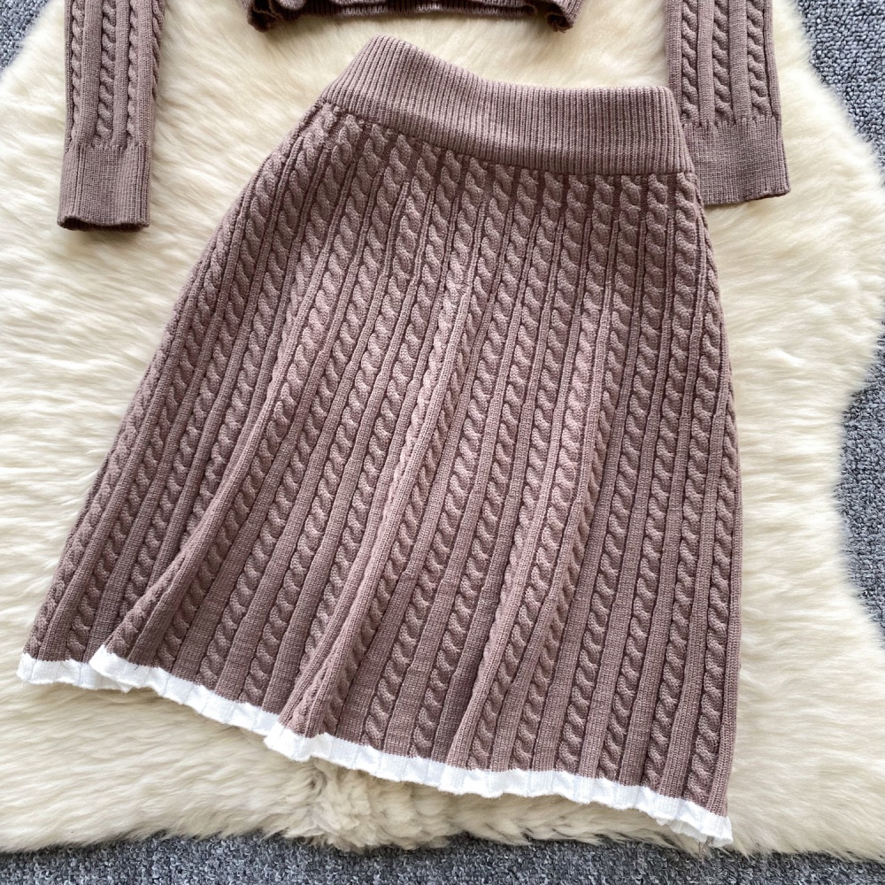 Knitted lapel sweater light luxury skirt a set