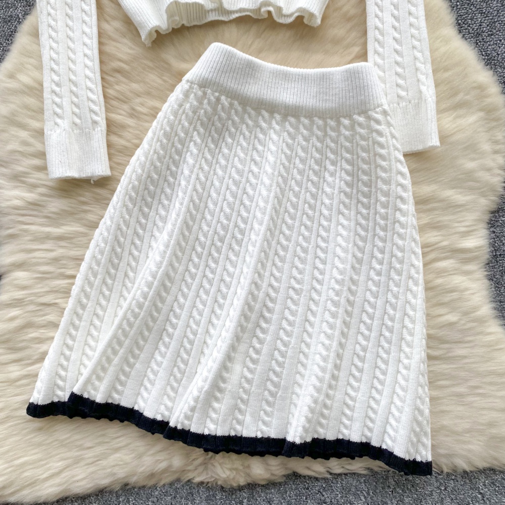 Knitted lapel sweater light luxury skirt a set