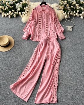 Court style shirt wide leg pants 2pcs set for women