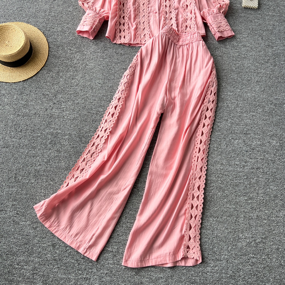 Court style shirt wide leg pants 2pcs set for women