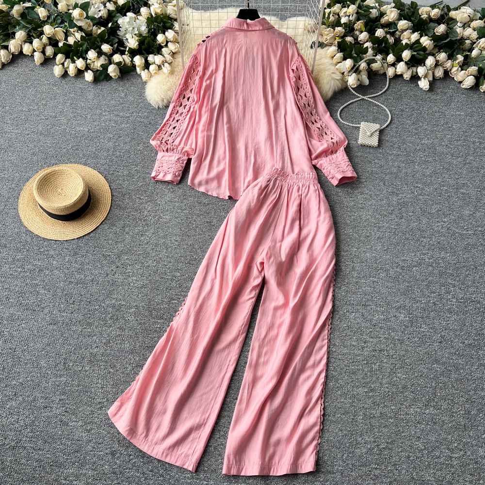 Court style shirt wide leg pants 2pcs set for women