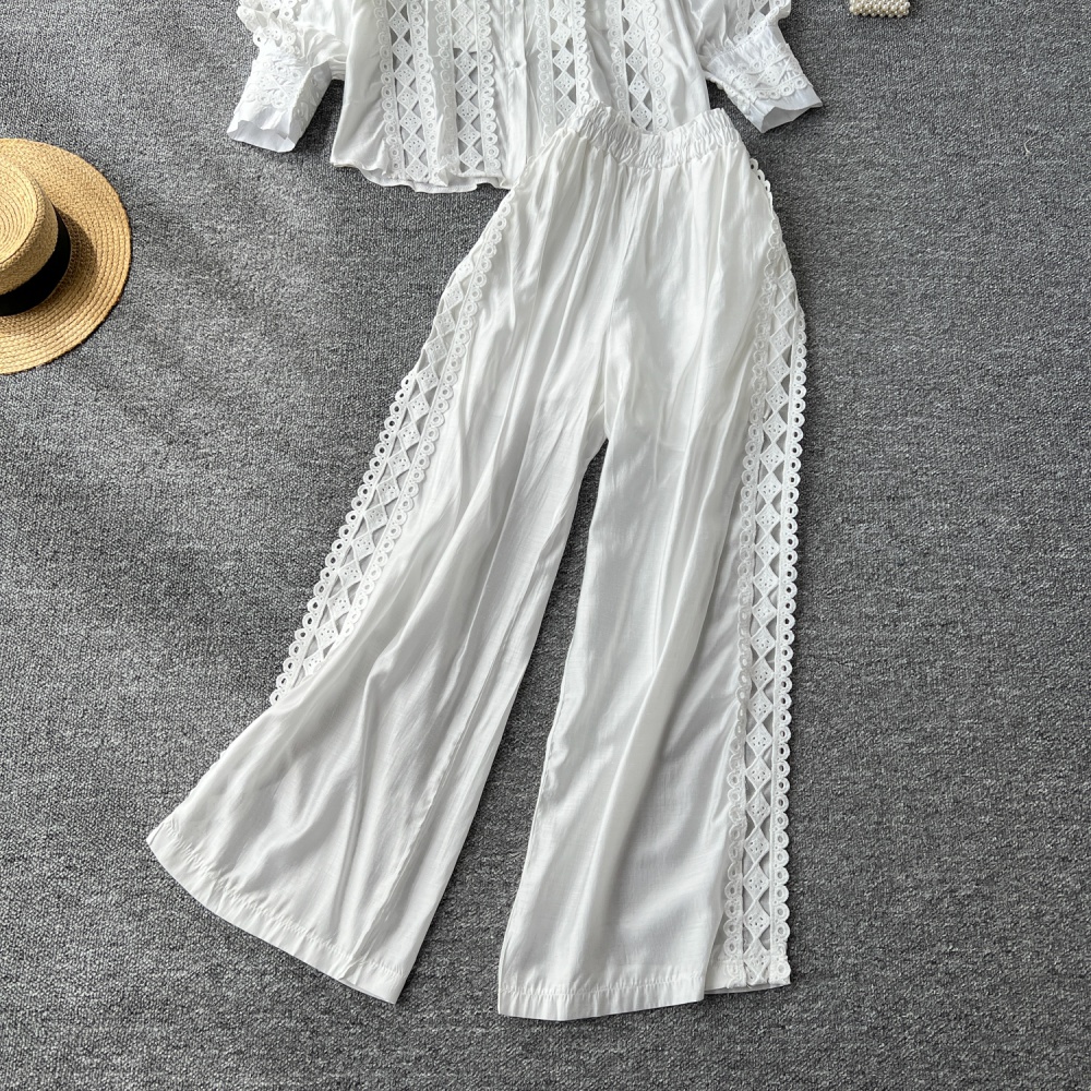 Court style shirt wide leg pants 2pcs set for women