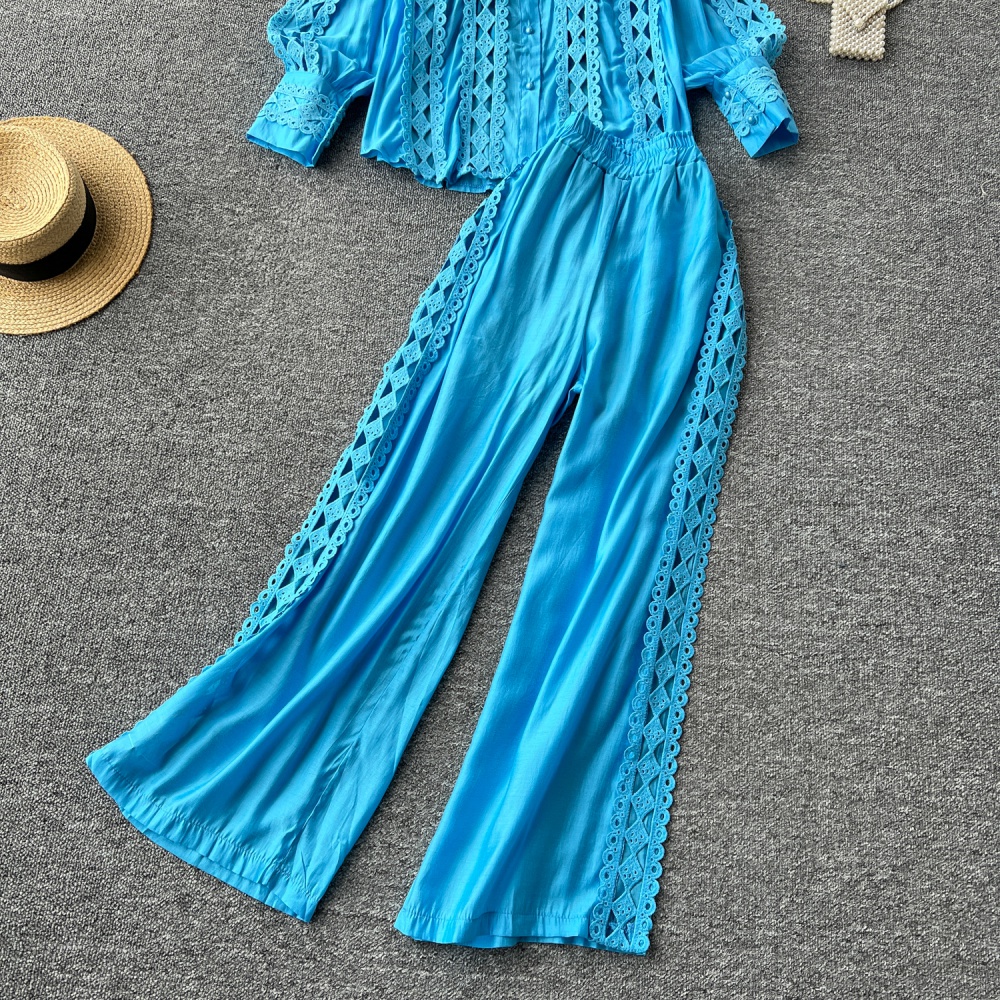 Court style shirt wide leg pants 2pcs set for women