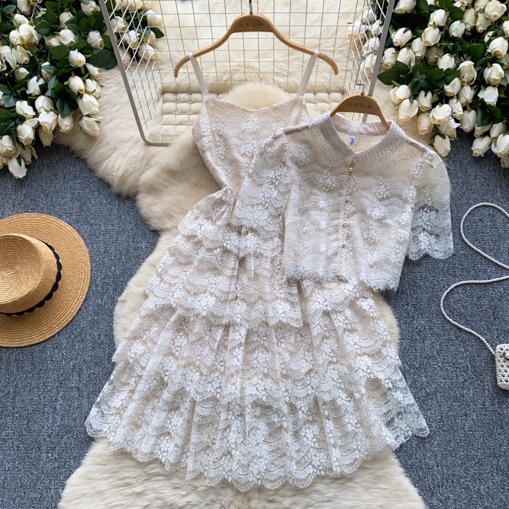 Hollow lace dress light luxury sling jacket a set for women