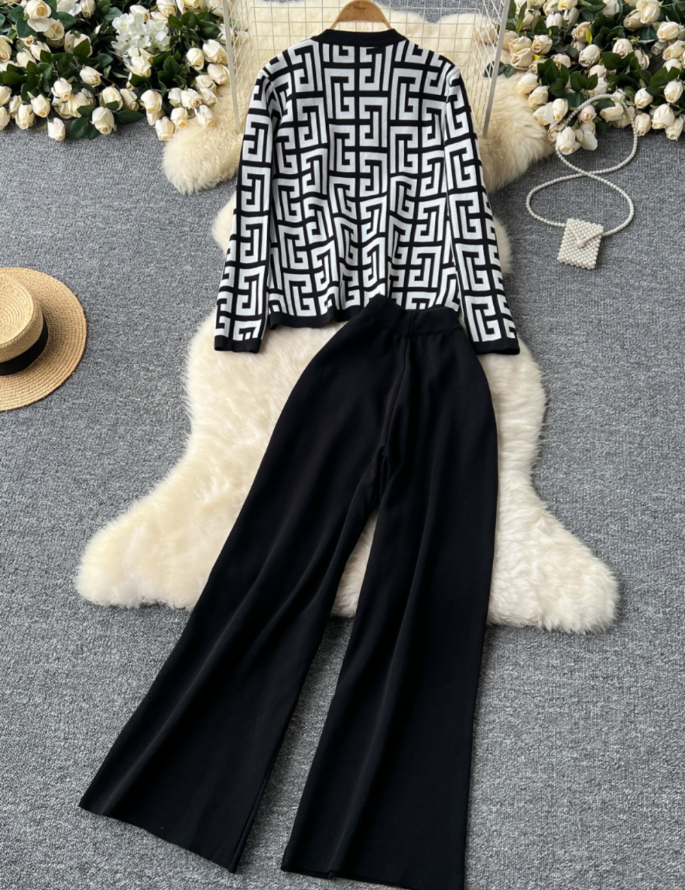 Chanelstyle cardigan printing long pants a set for women