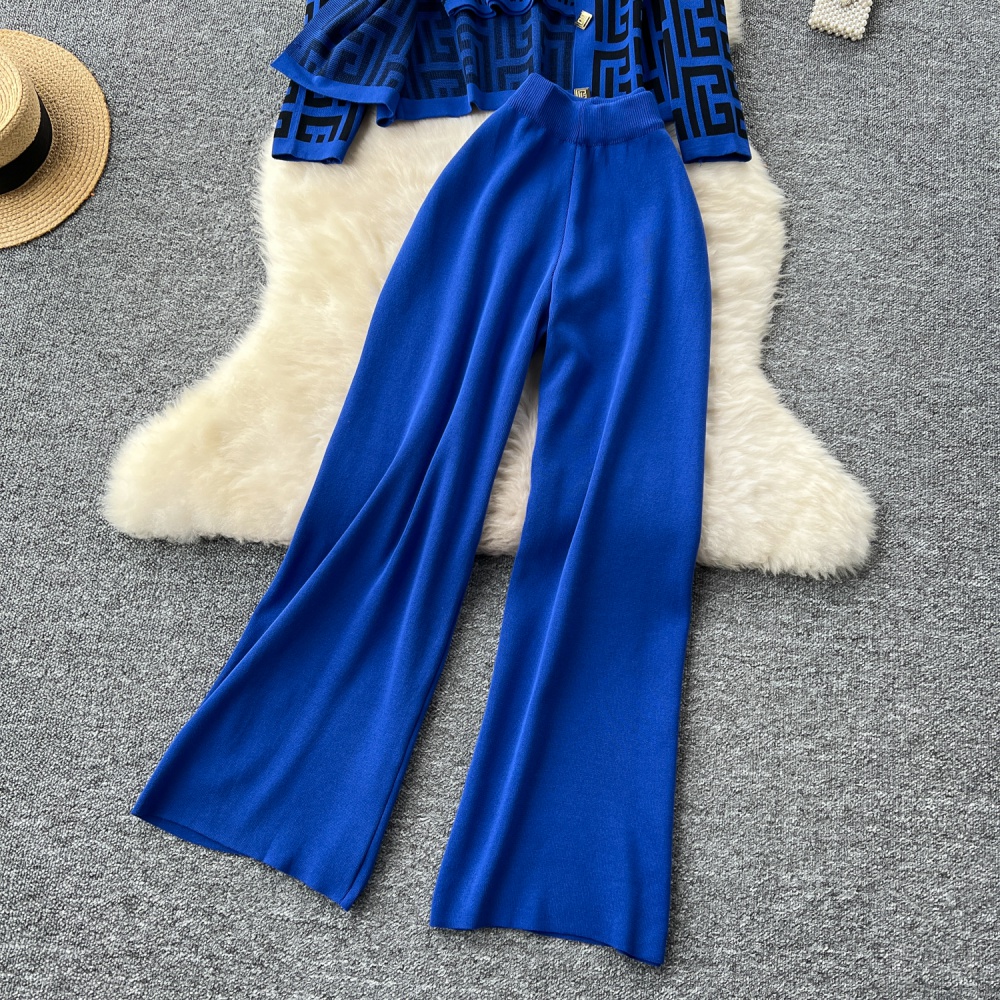 Chanelstyle cardigan printing long pants a set for women