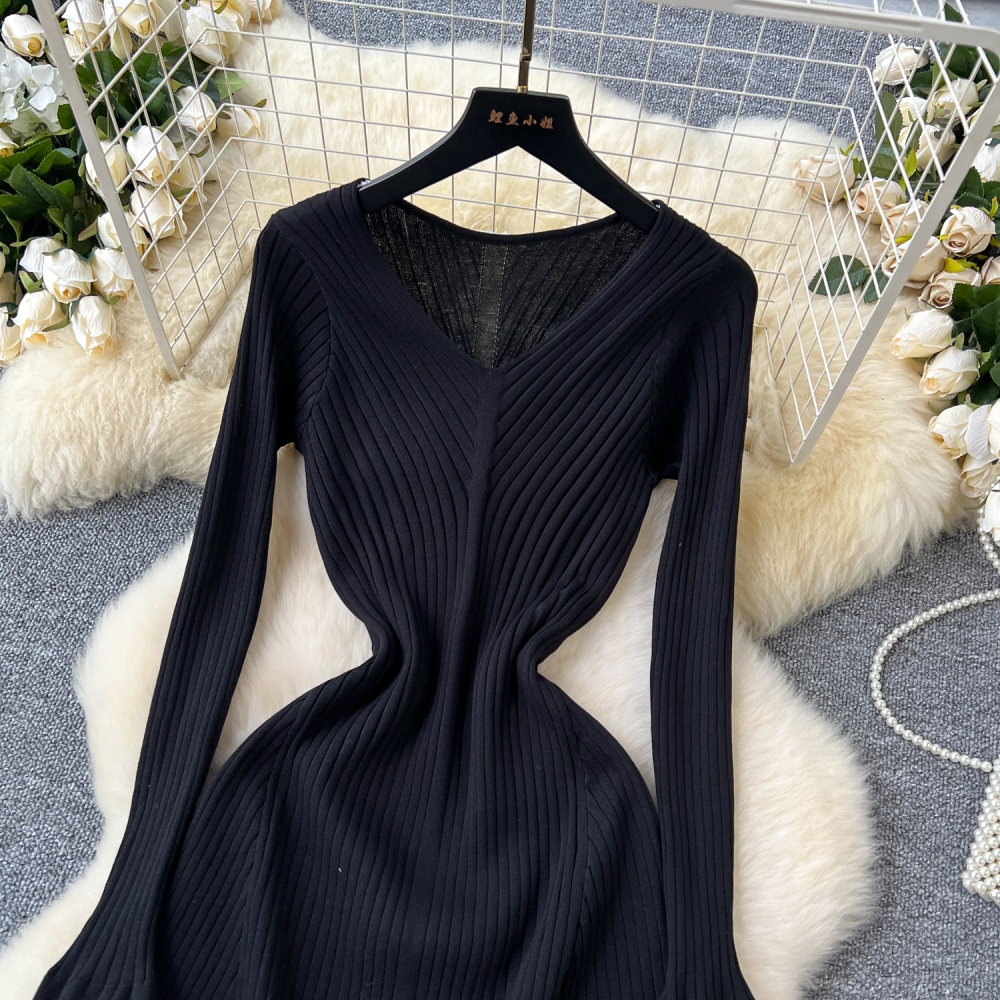 Temperament sweater dress pinched waist dress