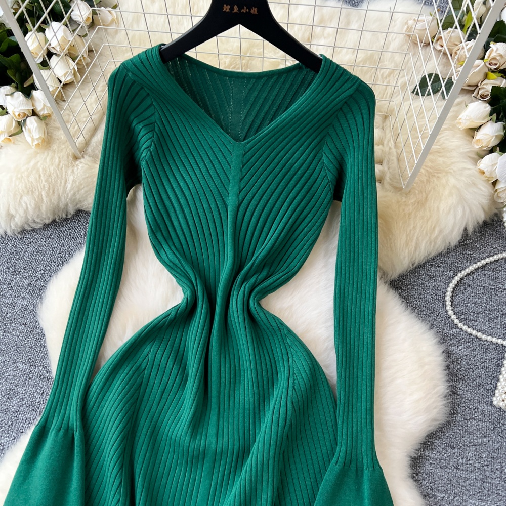 Temperament sweater dress pinched waist dress