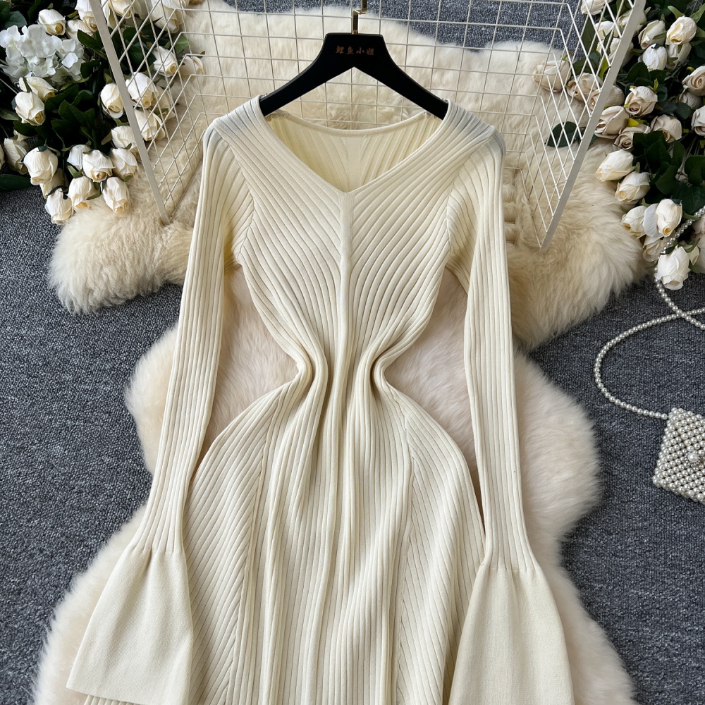 Temperament sweater dress pinched waist dress