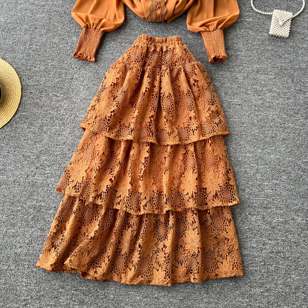 Western style cake shirt multilayer skirt 2pcs set