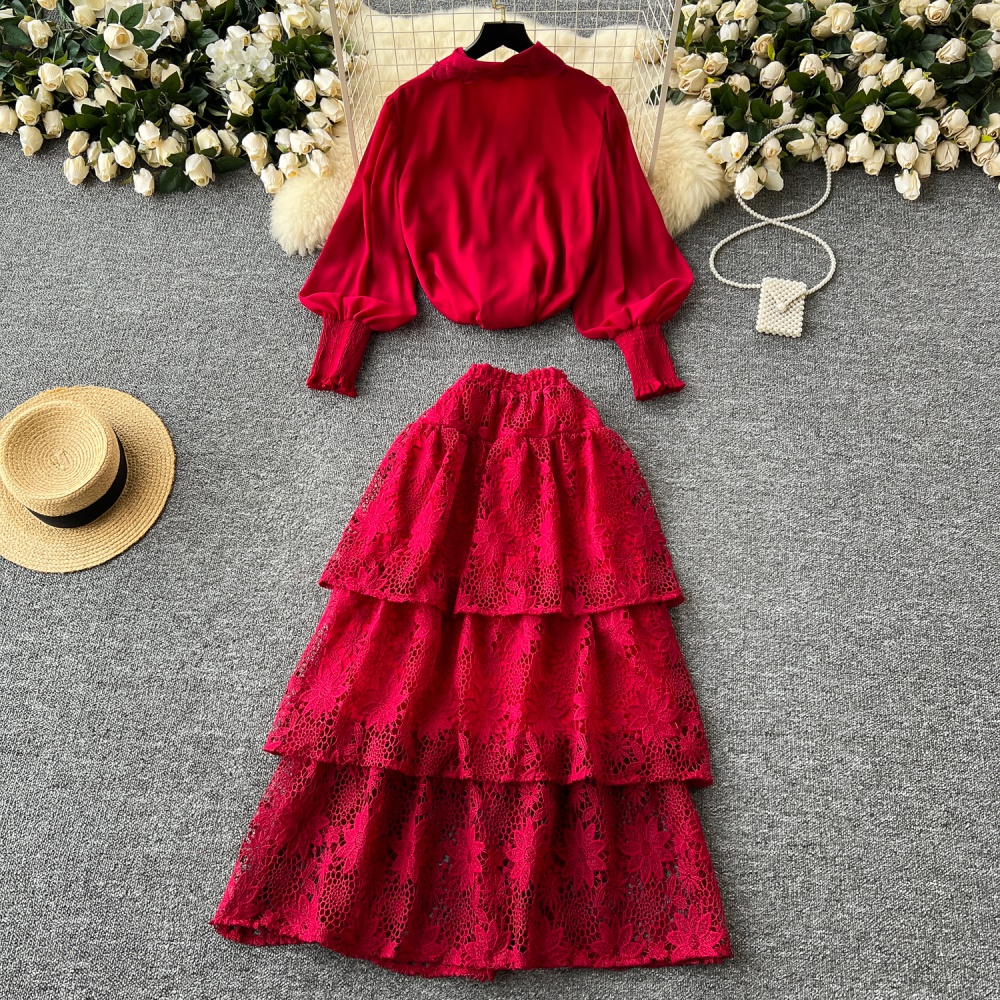 Western style cake shirt multilayer skirt 2pcs set