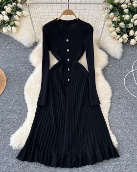 Single-breasted slim long dress V-neck dress for women