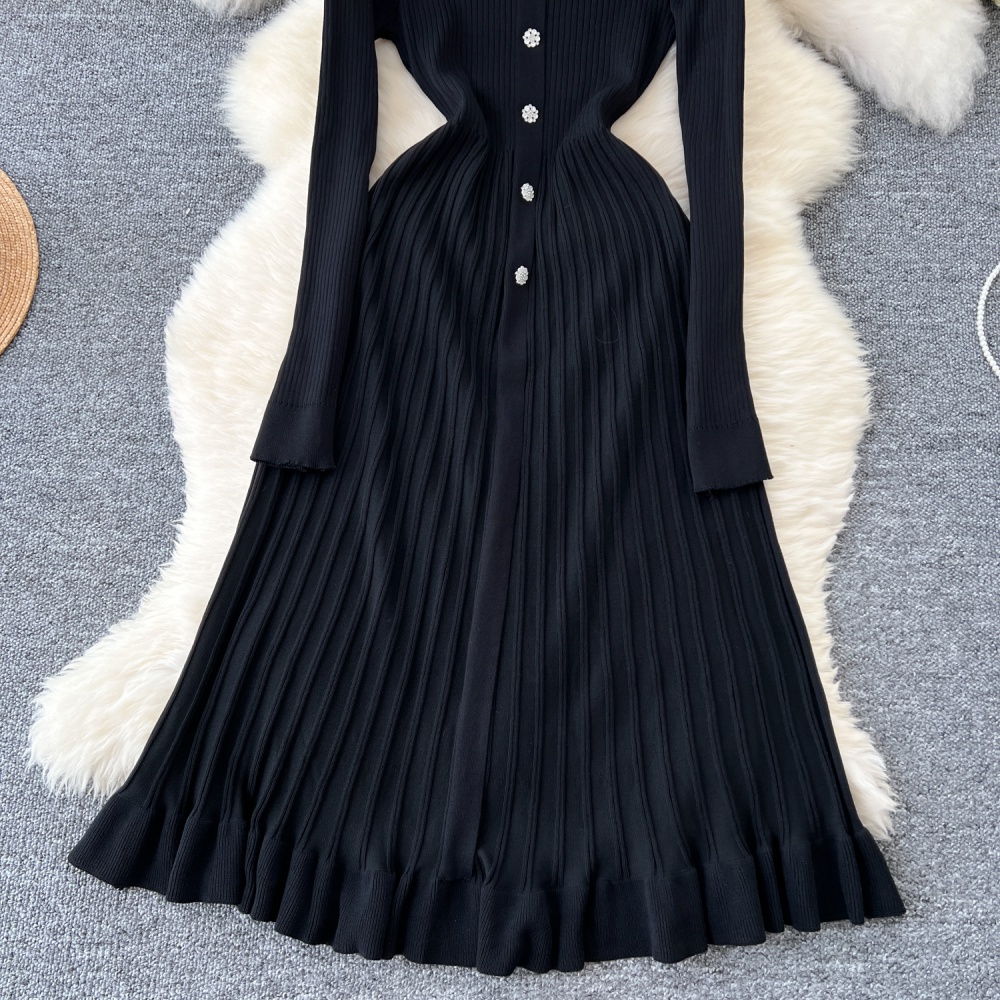 Single-breasted slim long dress V-neck dress for women