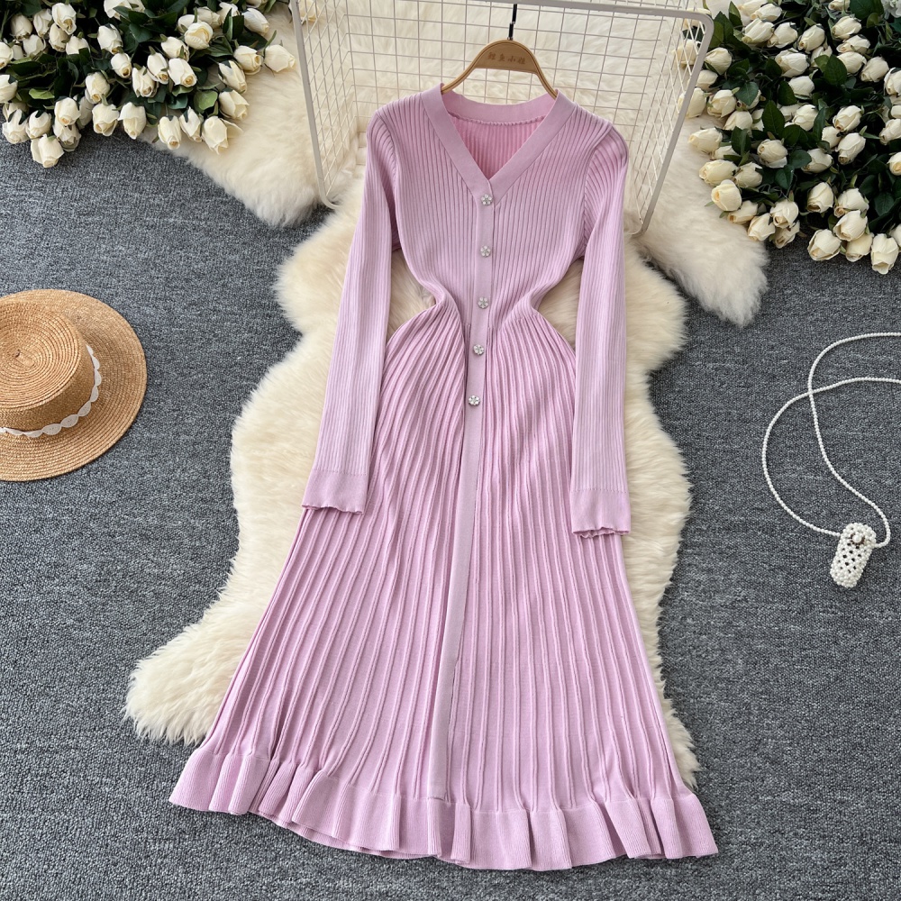 Single-breasted slim long dress V-neck dress for women