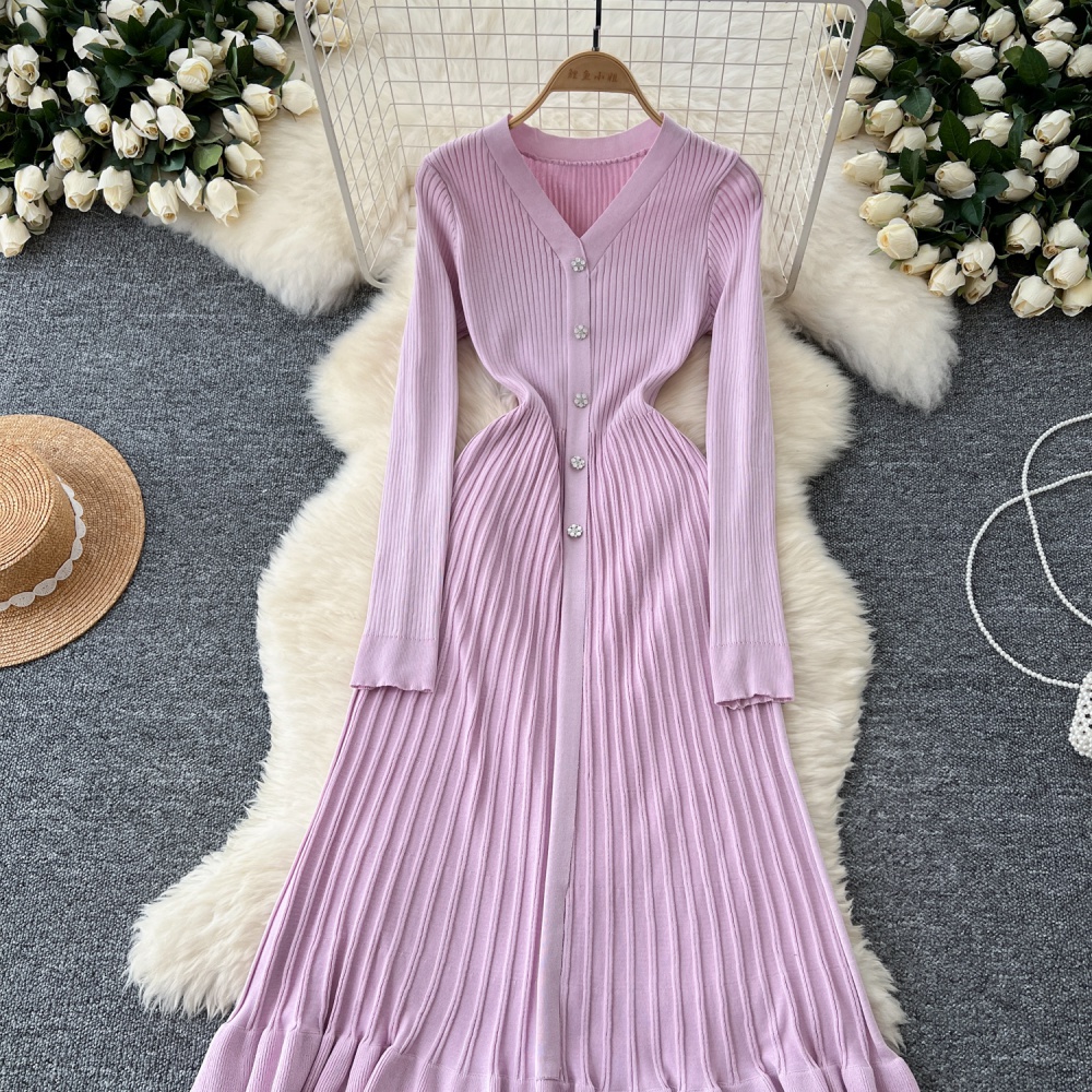 Single-breasted slim long dress V-neck dress for women