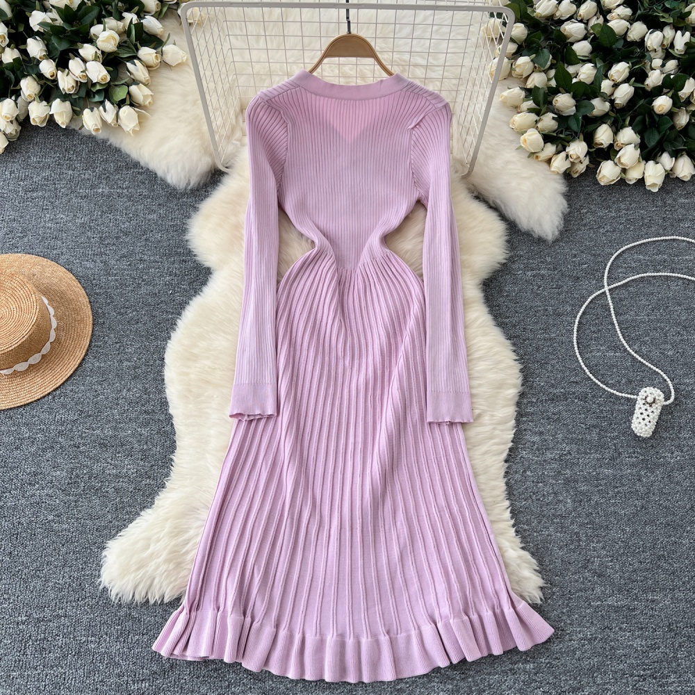 Single-breasted slim long dress V-neck dress for women