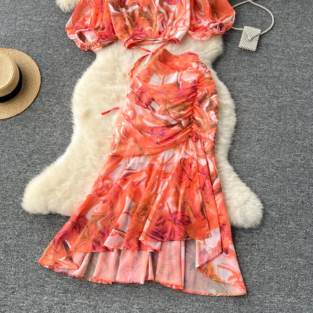 Fashion bandage skirt lantern sleeve printing tops a set for women