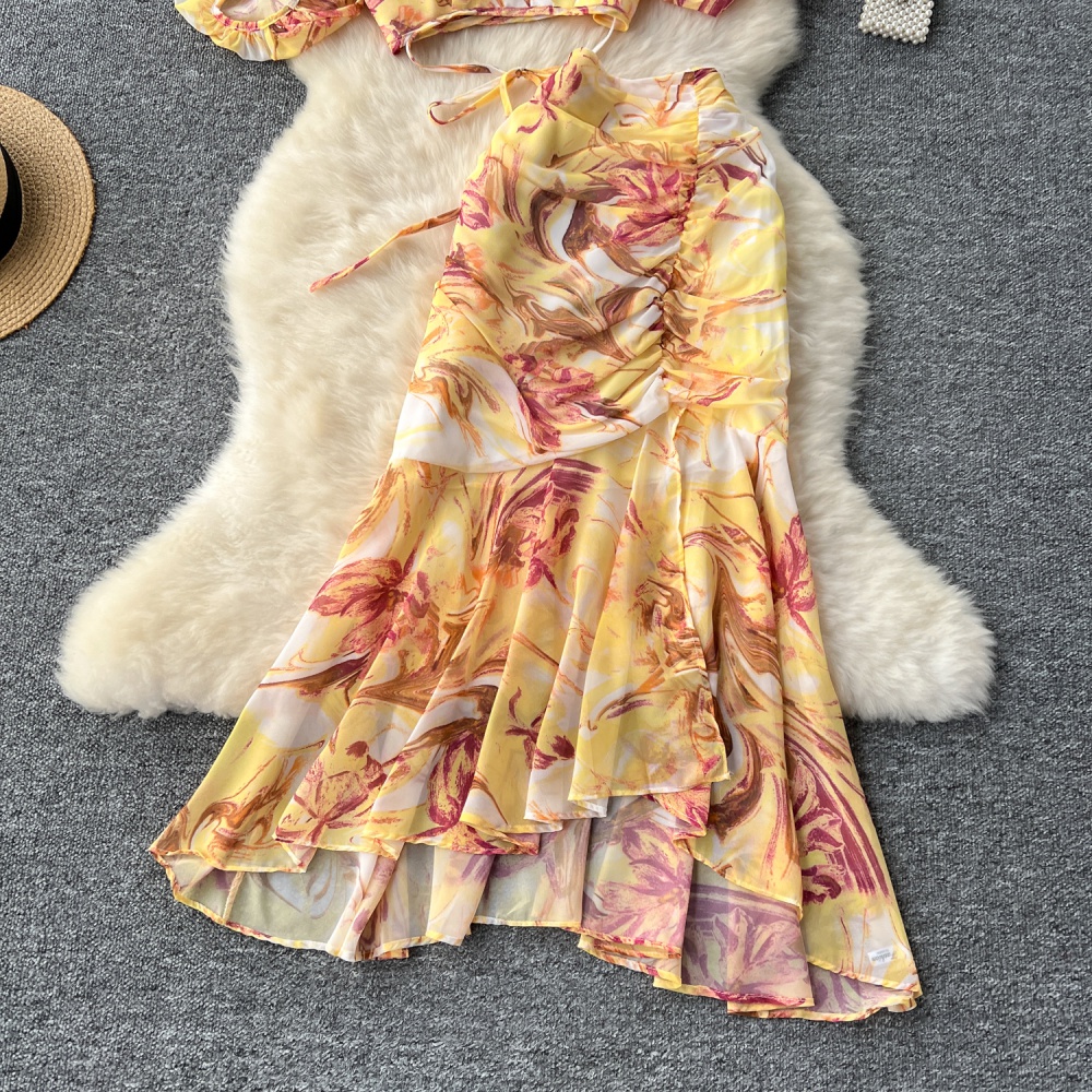 Fashion bandage skirt lantern sleeve printing tops a set for women