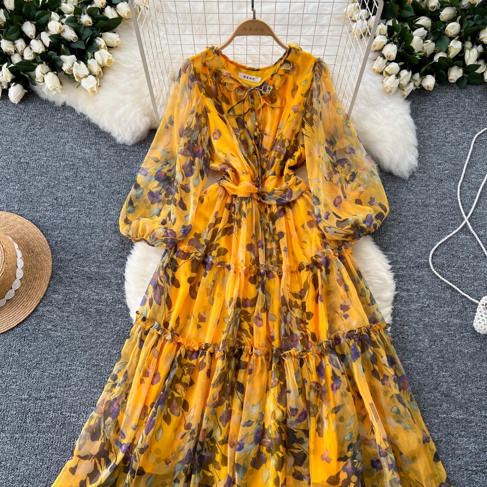 Autumn long dress lantern sleeve dress for women