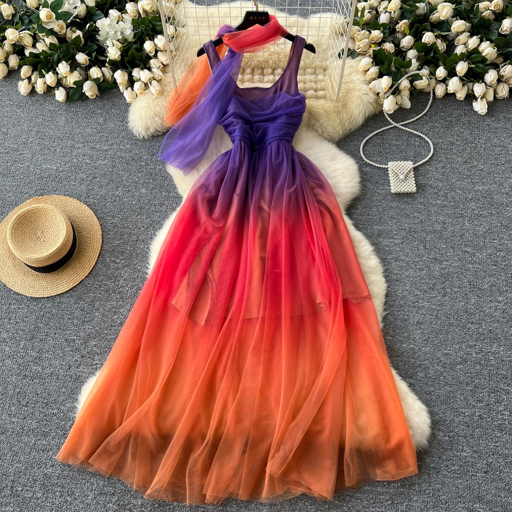 Fold pinched waist slim dress elegant gradient formal dress